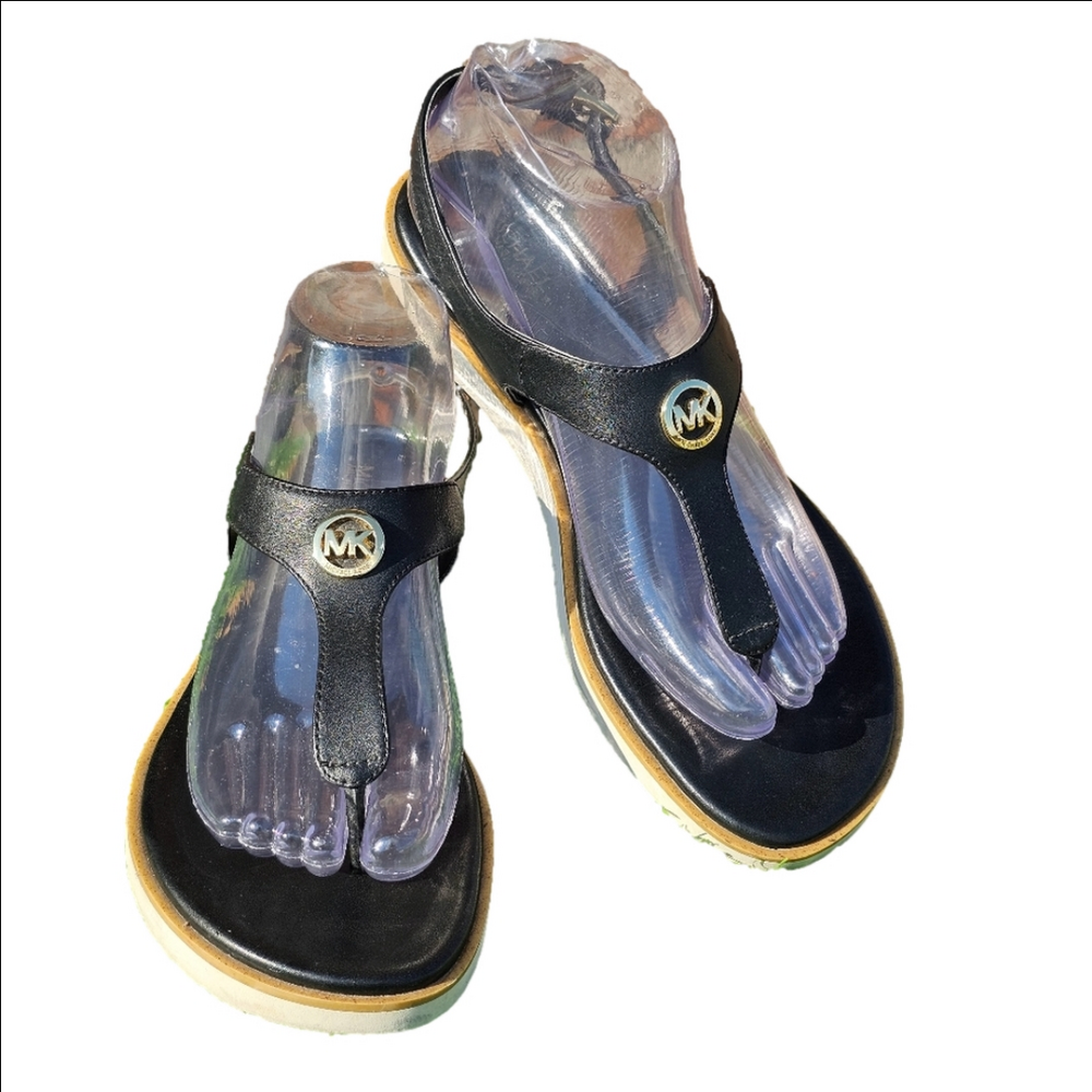 Michael Kors Geniune Leather Sandals,  Black with gold emblem, Women's Size 8.5M